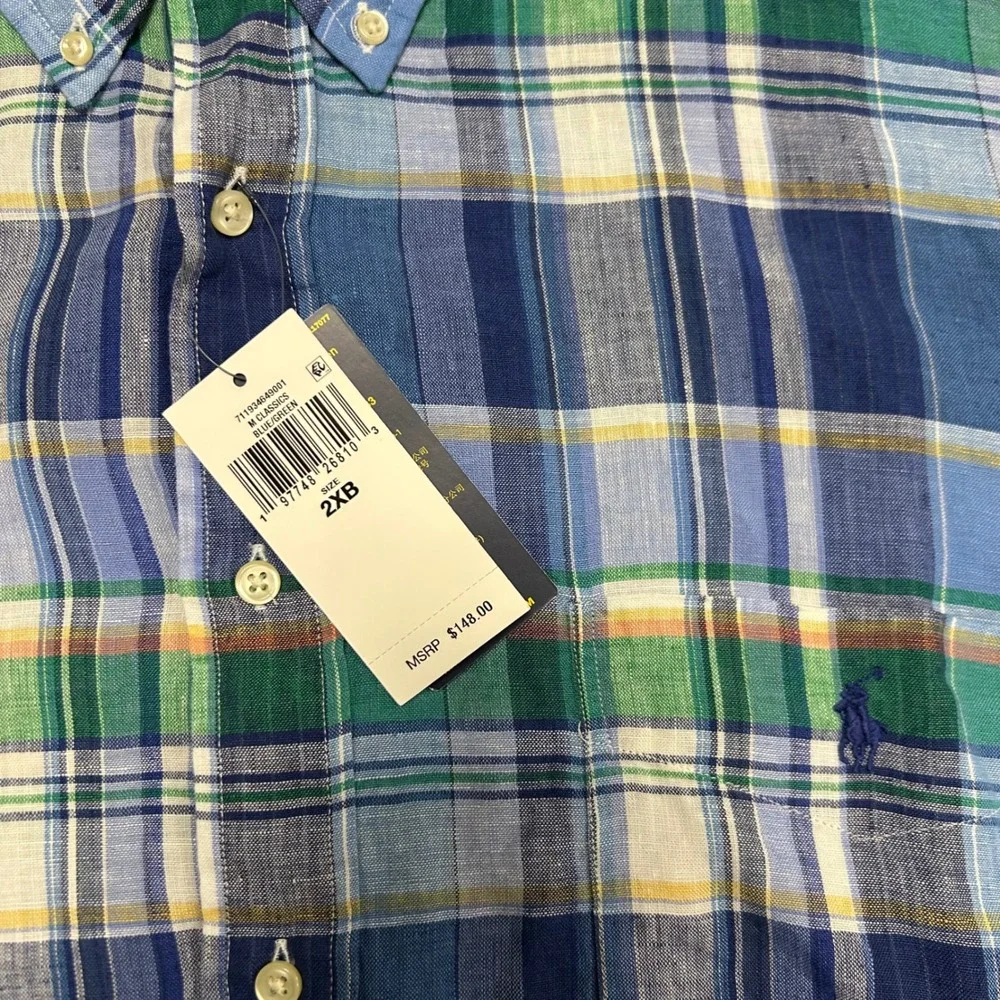 NWT Polo Ralph Lauren‎ Button Down Plaid Linen Shirt Men Size 2XB Blue Green